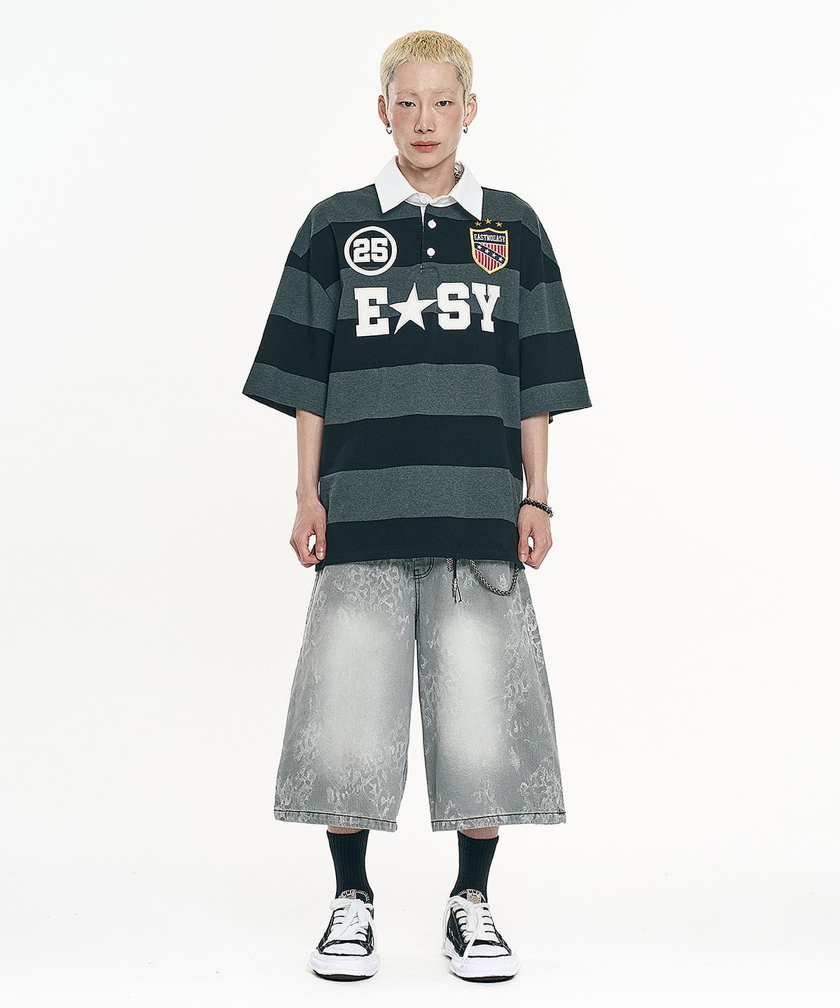 이지노이지(EASY NO EASY) 레오파드 버뮤다 데님 팬츠 - 라이트블루