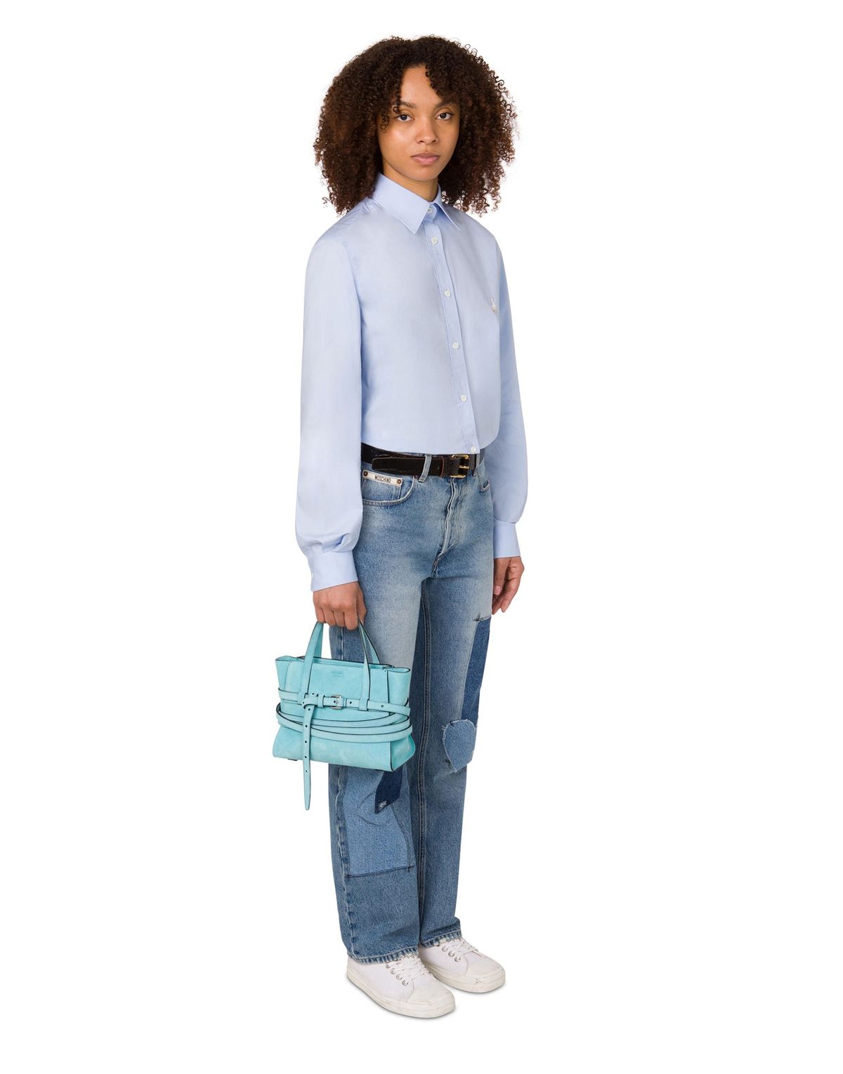 모스키노(MOSCHINO) 타이 미 카우 스웨이드 스몰 쇼핑백 SKY BLUE