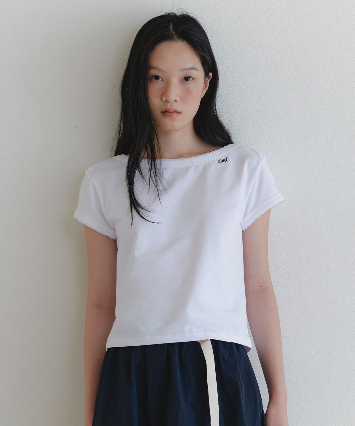 유라고(URAGO) Lace boatneck crop t-shirt
