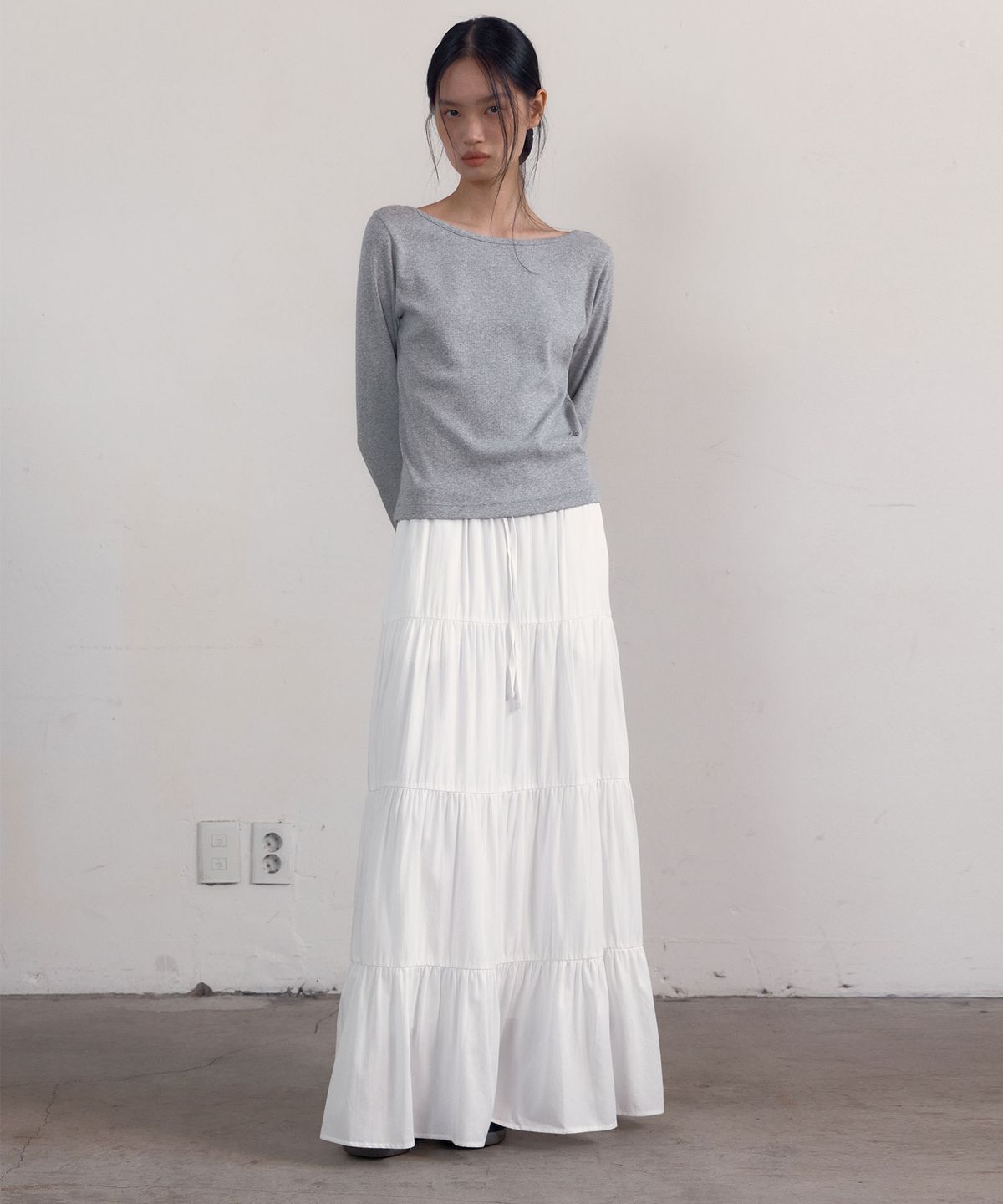 38컴온커먼(38COMEONCOMMON) Shirring Tiered Banding Skirts (White) - Short Length