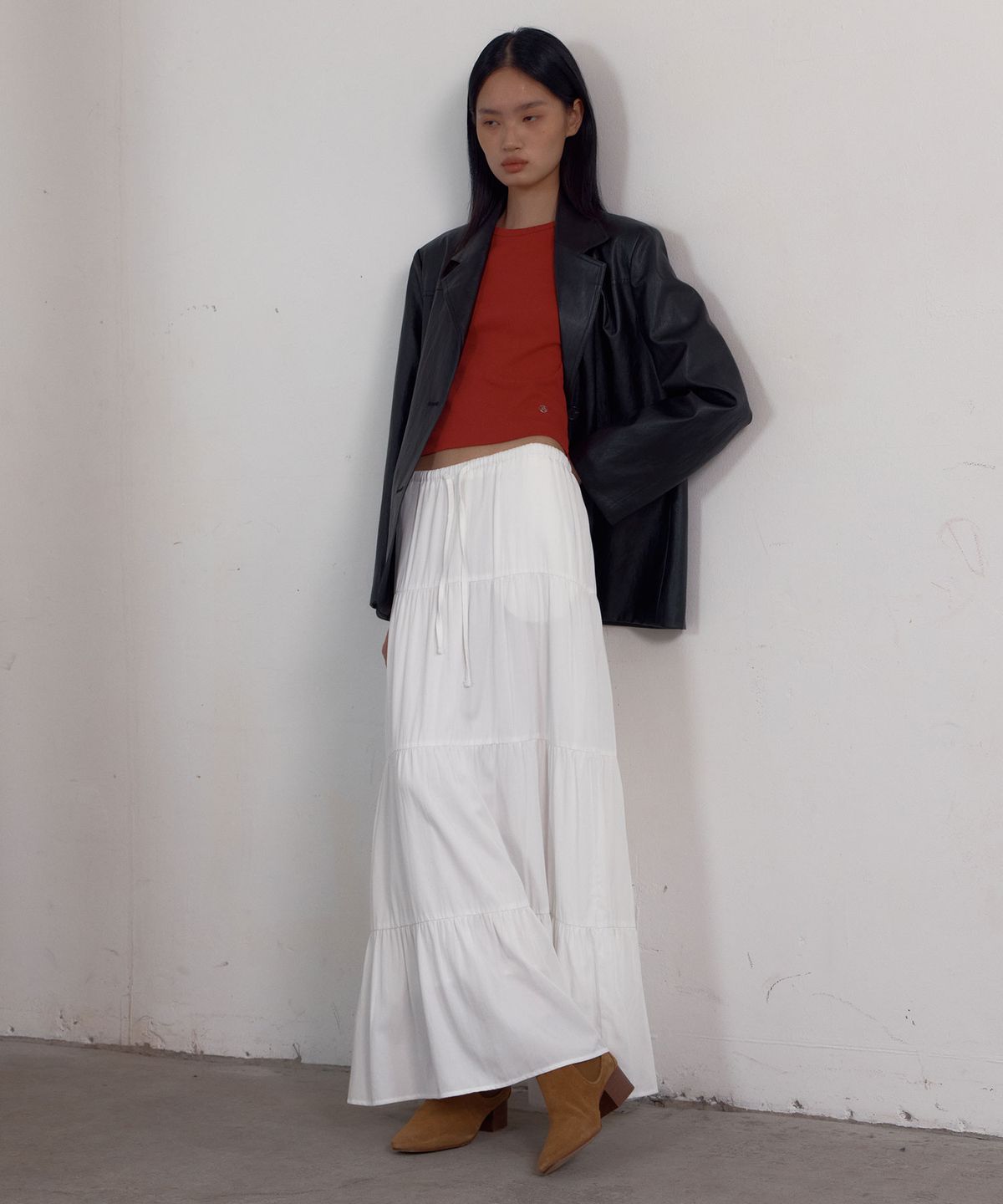 38컴온커먼(38COMEONCOMMON) Shirring Tiered Banding Skirts (White) - Short Length