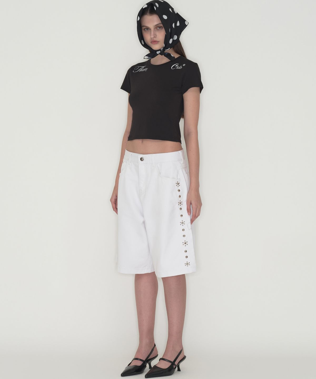 떨스티클럽(THIRSTYCLUB) Side studded bermuda pants - White (Unisex)