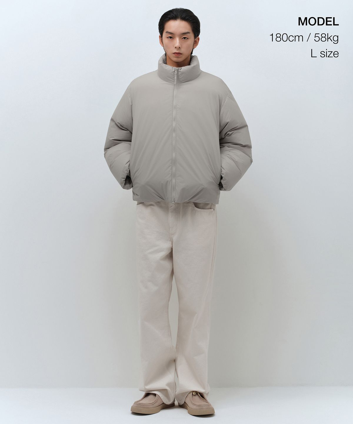 무신사 스탠다드(MUSINSA STANDARD) 미니멀 다운 숏 패딩 재킷 [그레이쉬 베이지]