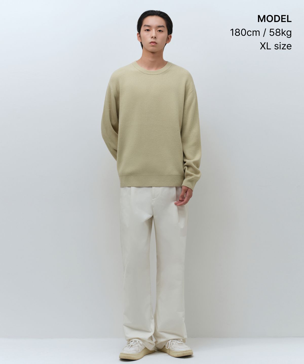 무신사 스탠다드(MUSINSA STANDARD) [빅토리아 울] 미니멀 리브드 크루 넥 니트 [민트 그레이]