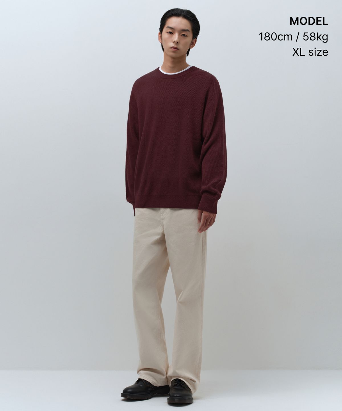 무신사 스탠다드(MUSINSA STANDARD) [빅토리아 울] 미니멀 리브드 크루 넥 니트 [버건디]