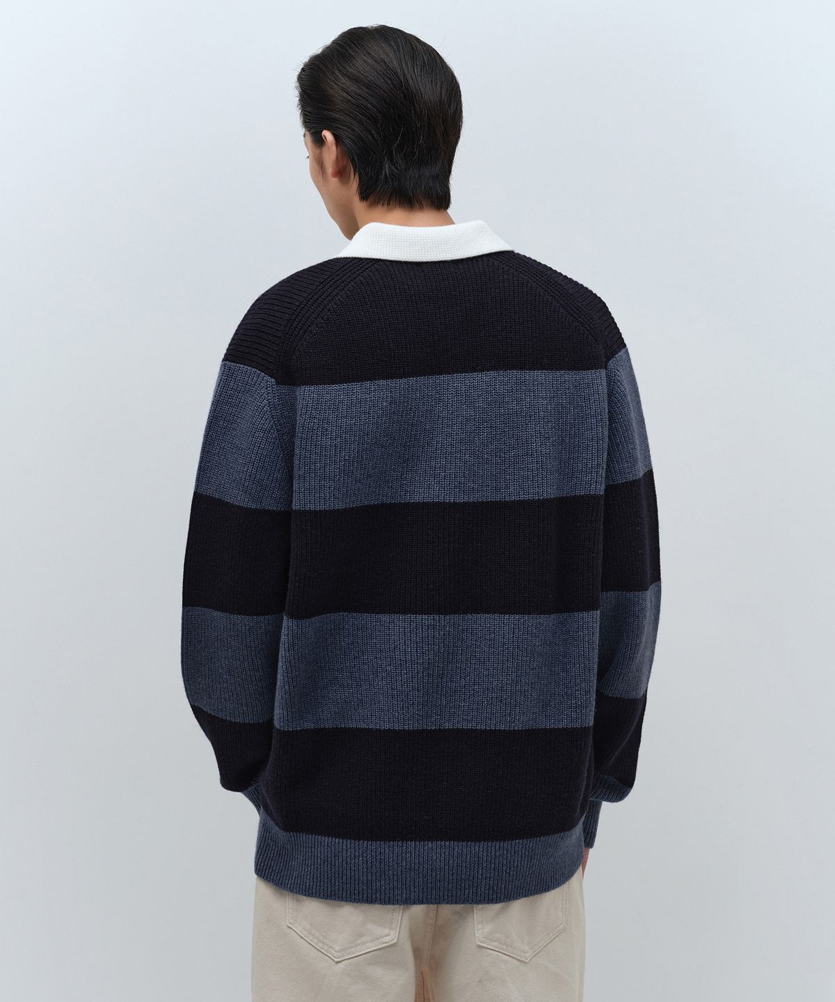 무신사 스탠다드(MUSINSA STANDARD) 리브드 스트라이프 럭비 니트 [네이비/스카이 블루]