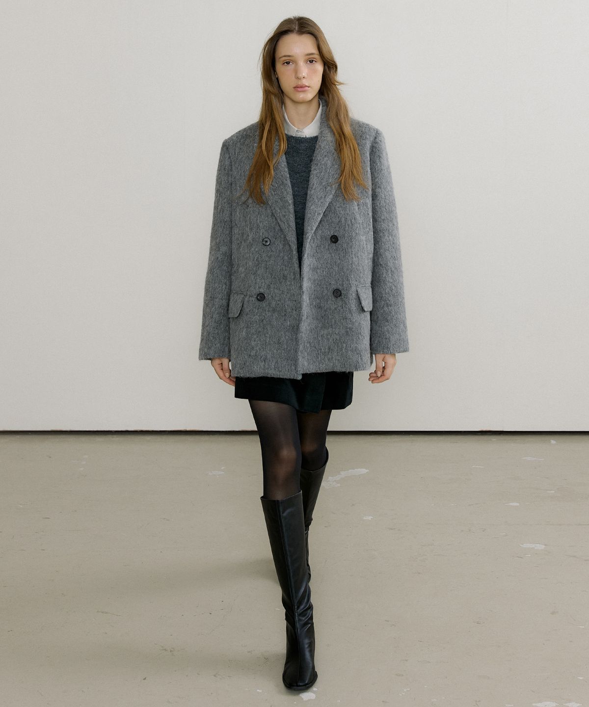 오떼뜨(OCTETTE) HAIRY ALPACA DOUBLE HALF COAT_GRAY