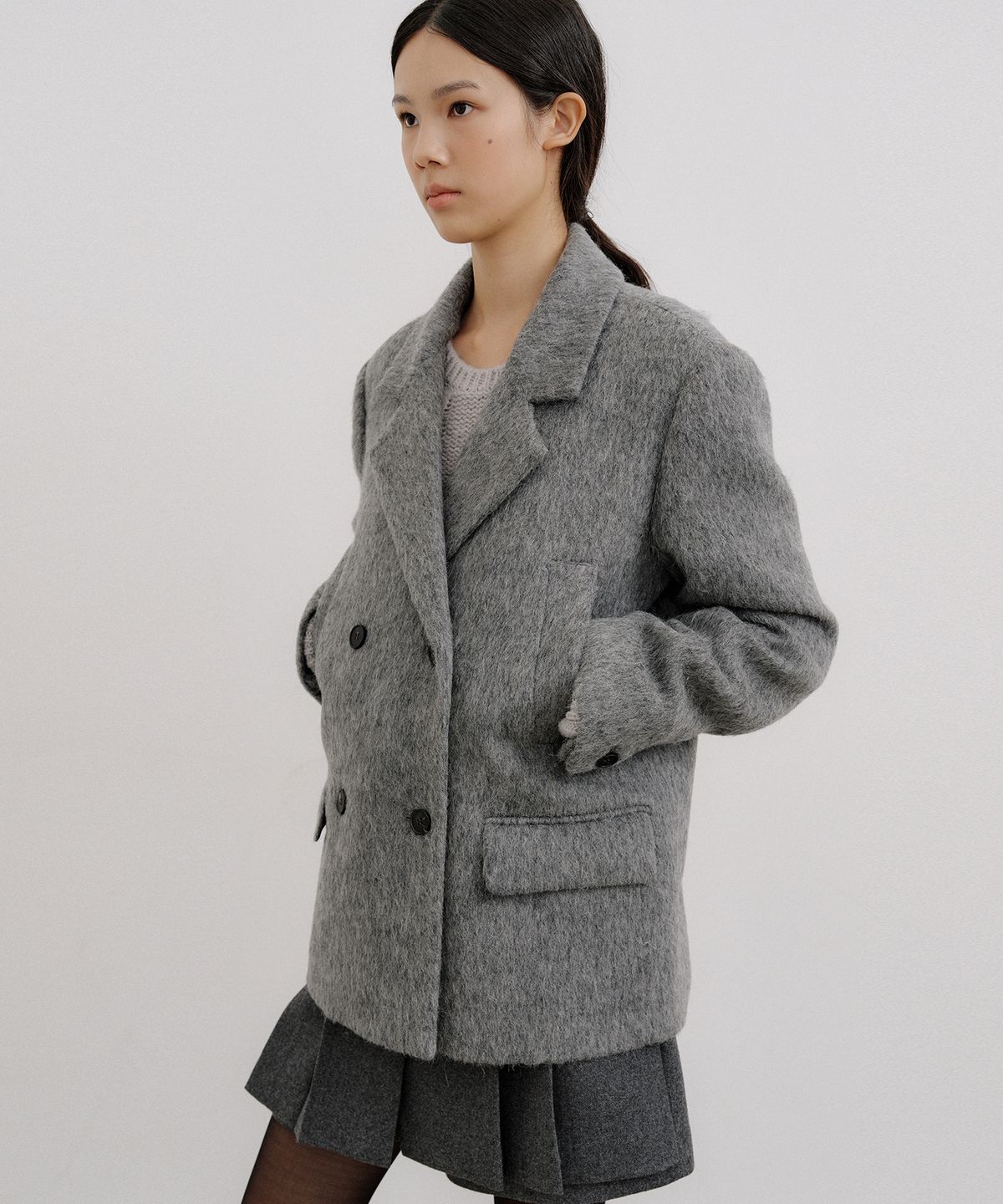 오떼뜨(OCTETTE) HAIRY ALPACA DOUBLE HALF COAT_GRAY