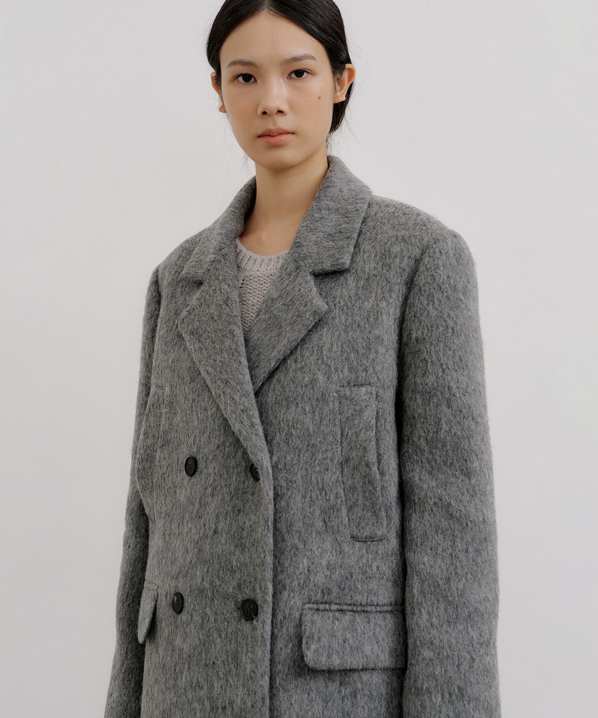 오떼뜨(OCTETTE) HAIRY ALPACA DOUBLE HALF COAT_GRAY