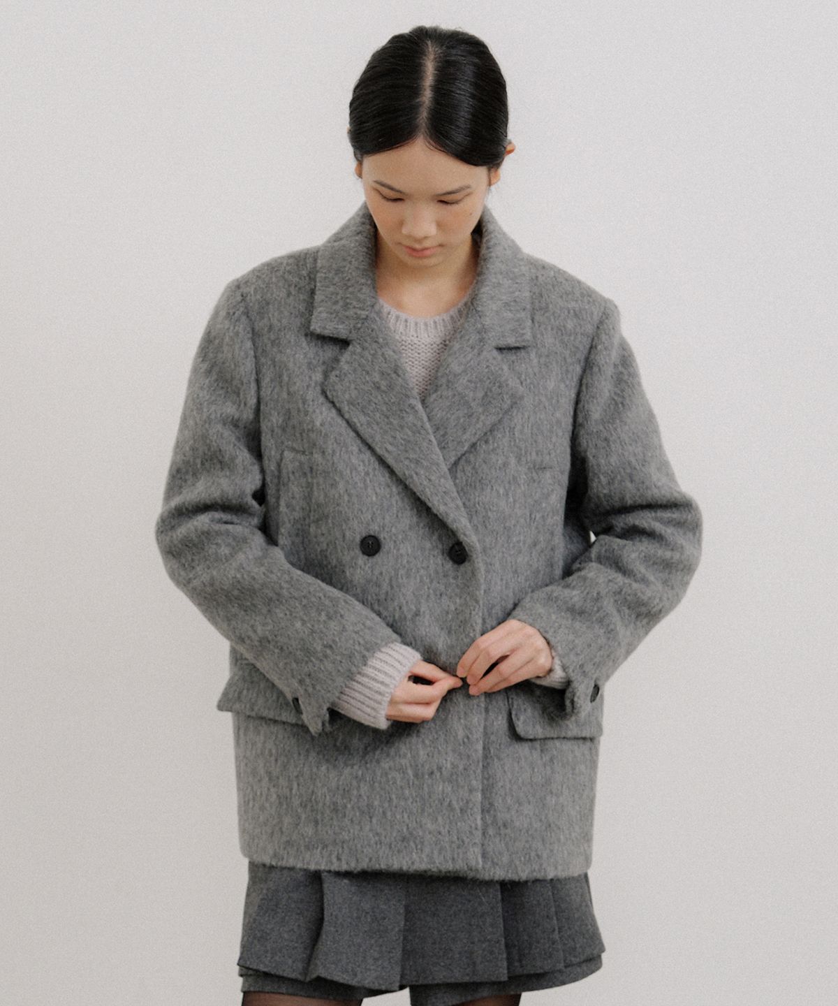오떼뜨(OCTETTE) HAIRY ALPACA DOUBLE HALF COAT_GRAY