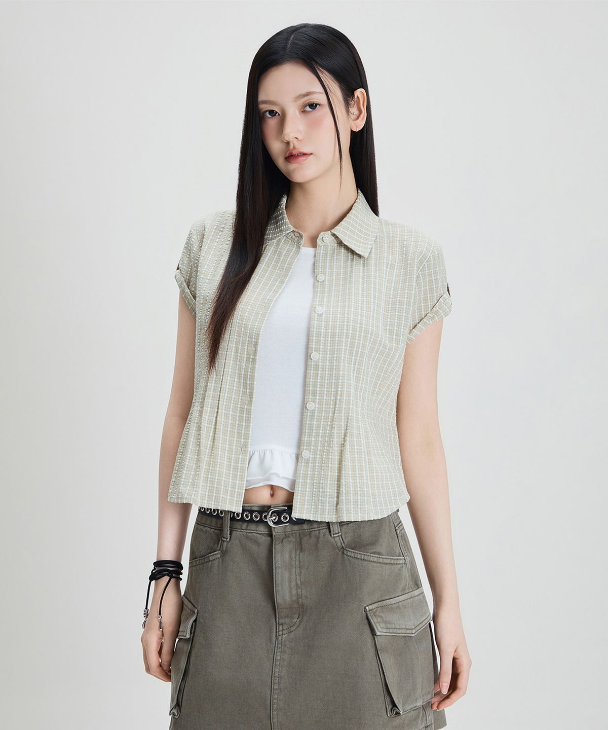 미쏘(MIXXO) 체크 롤업 반팔 셔츠_MIWYAG501C