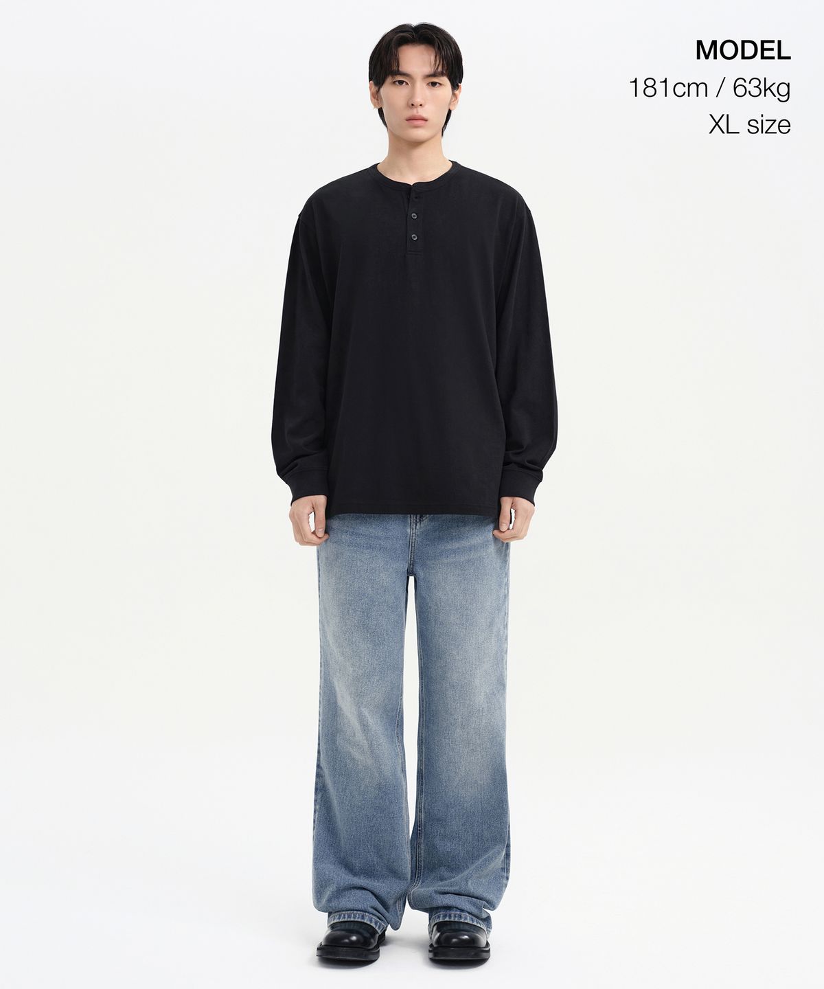 무신사 스탠다드(MUSINSA STANDARD) 립 커프스 헨리 넥 긴소매 티셔츠 [블랙]