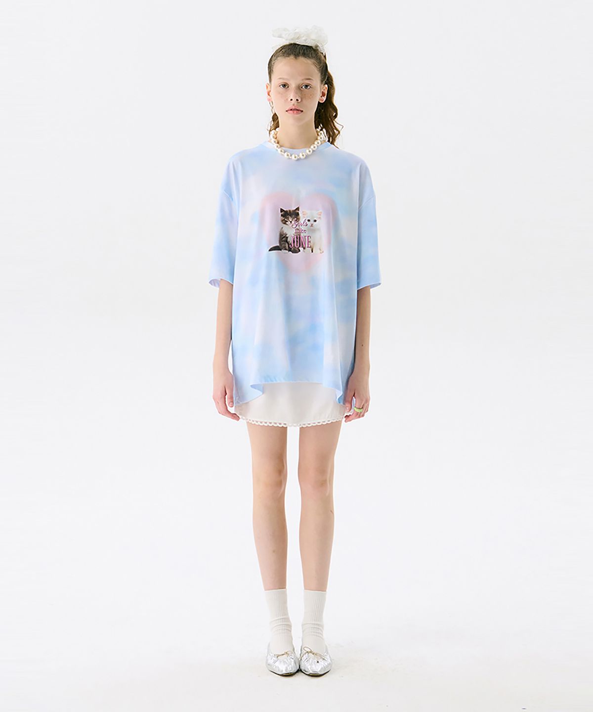 준준스페이스(JUNEJUNE SPACE) Oversized Printed T - CAT_Light Blue(오버사이즈 프린트 티셔츠 - CAT_라이트 블루)