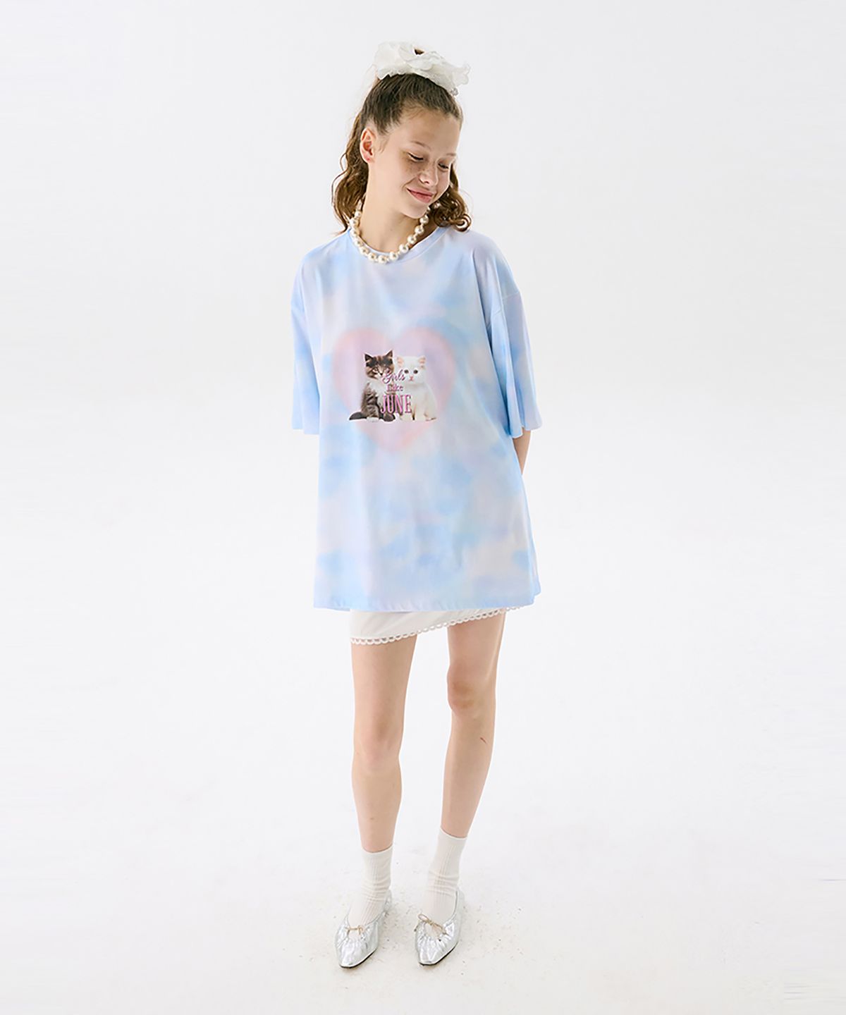 준준스페이스(JUNEJUNE SPACE) Oversized Printed T - CAT_Light Blue(오버사이즈 프린트 티셔츠 - CAT_라이트 블루)