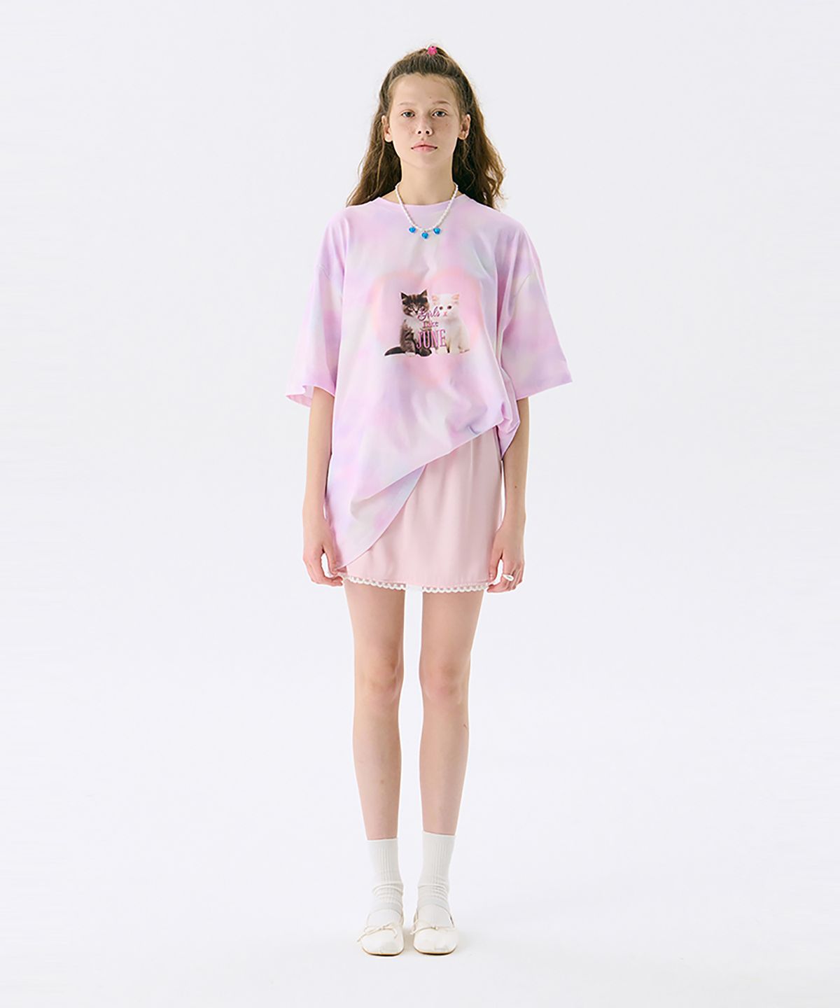 준준스페이스(JUNEJUNE SPACE) Oversized Printed T - CAT_Light Pink(오버사이즈 프린트 티셔츠 - CAT_라이트 핑크)