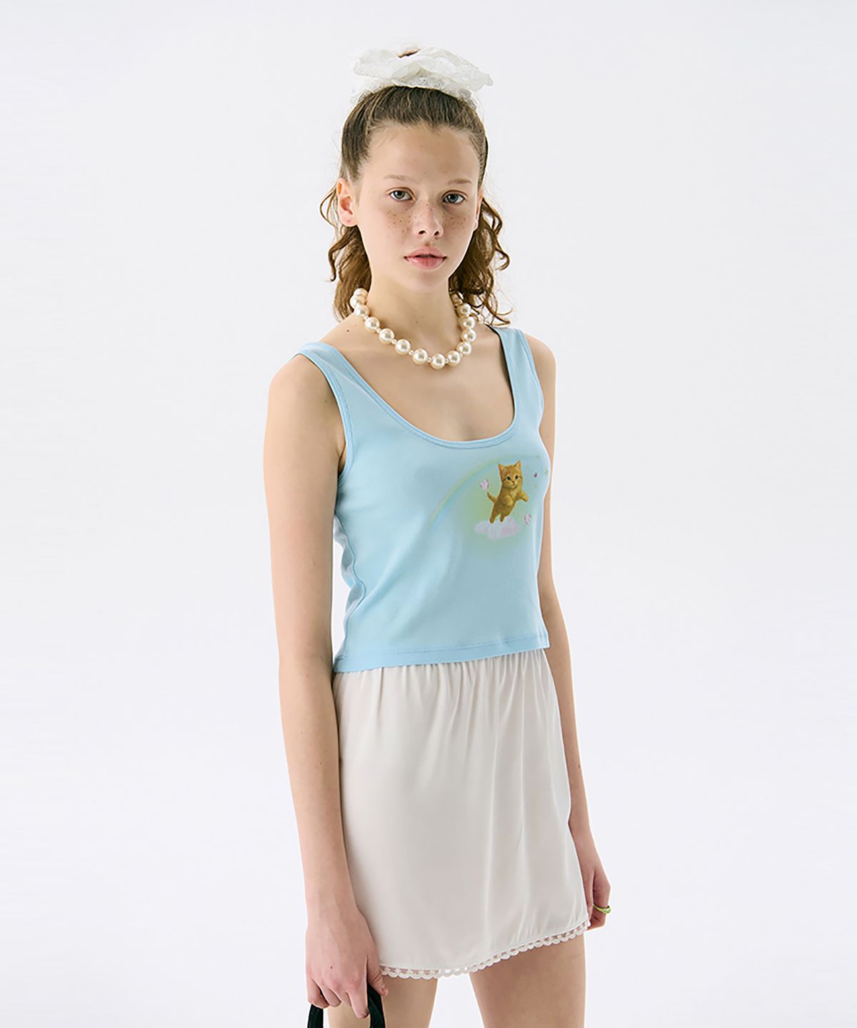 준준스페이스(JUNEJUNE SPACE) Cat Printed Sleeveless T_Light Blue(고양이 프린트 민소매 티셔츠_라이트 블루)