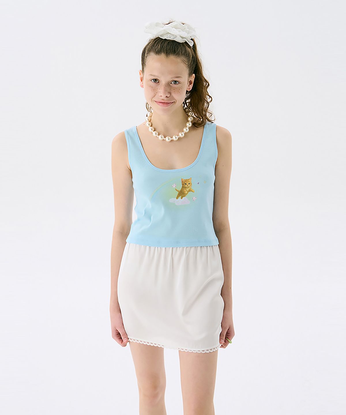 준준스페이스(JUNEJUNE SPACE) Cat Printed Sleeveless T_Light Blue(고양이 프린트 민소매 티셔츠_라이트 블루)