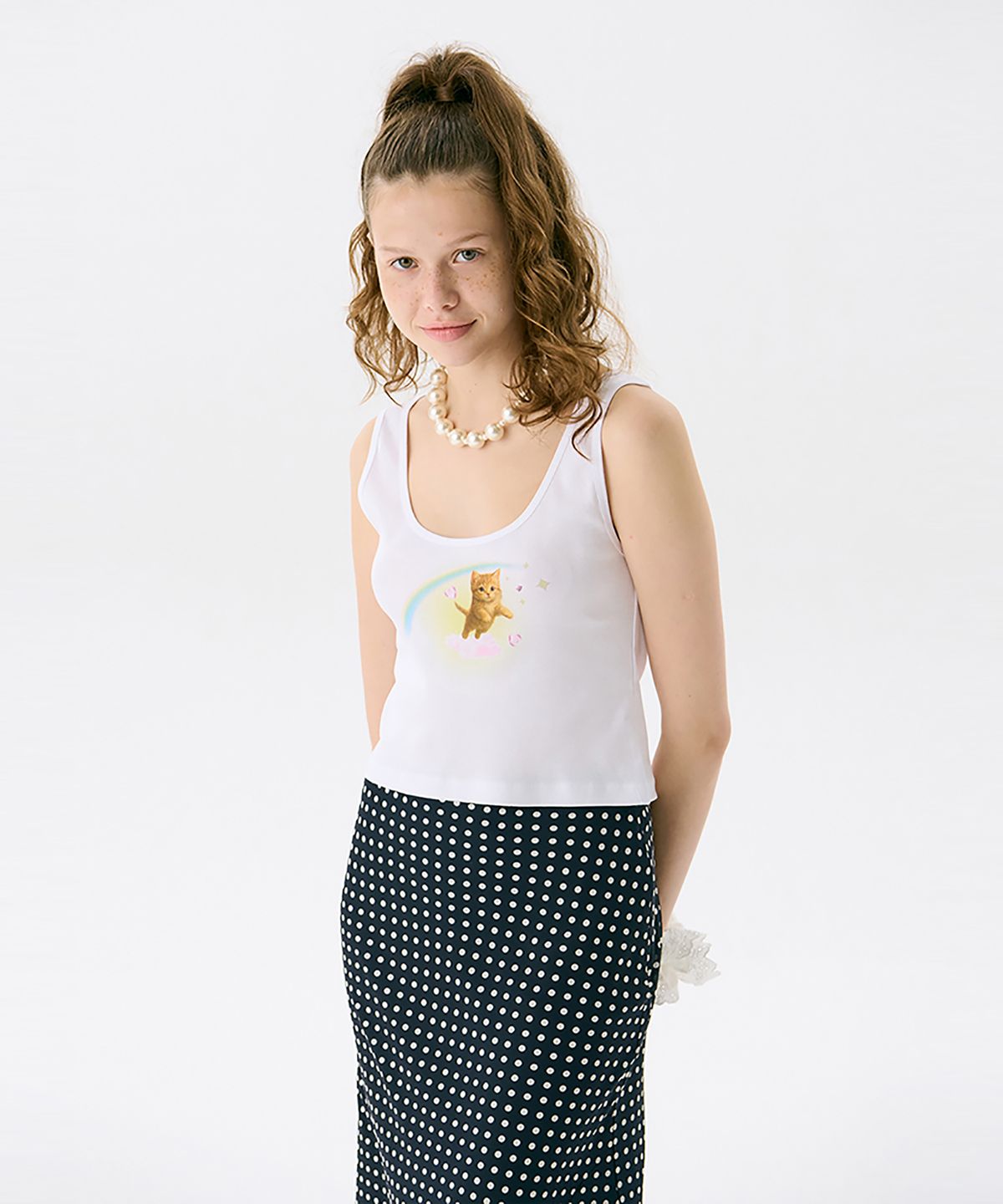 준준스페이스(JUNEJUNE SPACE) Cat Printed Sleeveless T_White(고양이 프린트 민소매 티셔츠_화이트)