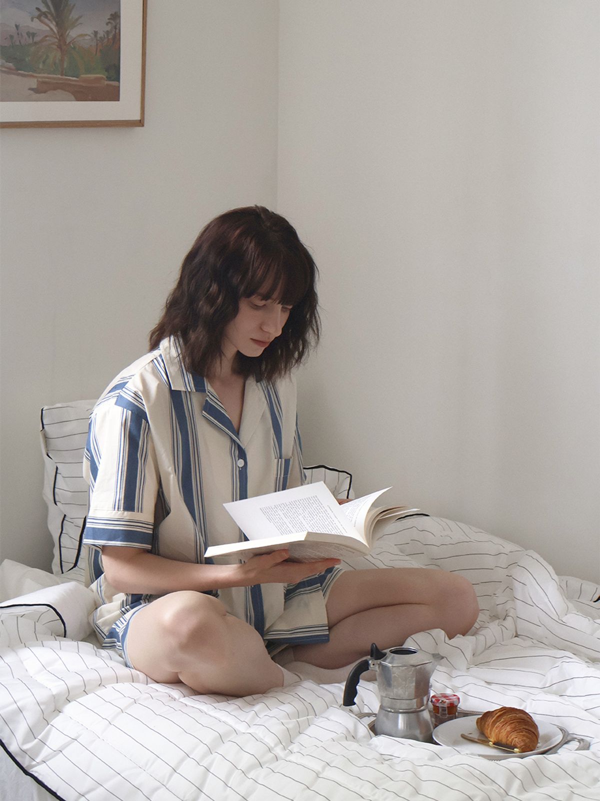 비비홈(VIVIHOME) (uni) 미드나잇인파리 스트라이프 파자마 반소매세트 블루아워