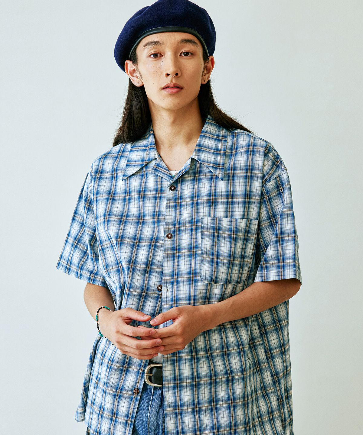 케이엔드(KND) 오션 체크 오픈 카라 셔츠