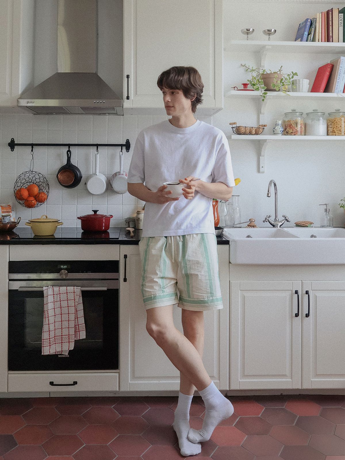 비비홈(VIVIHOME) (uni) 올리브 볼드스트라이프 고밀도 순면 숏팬츠