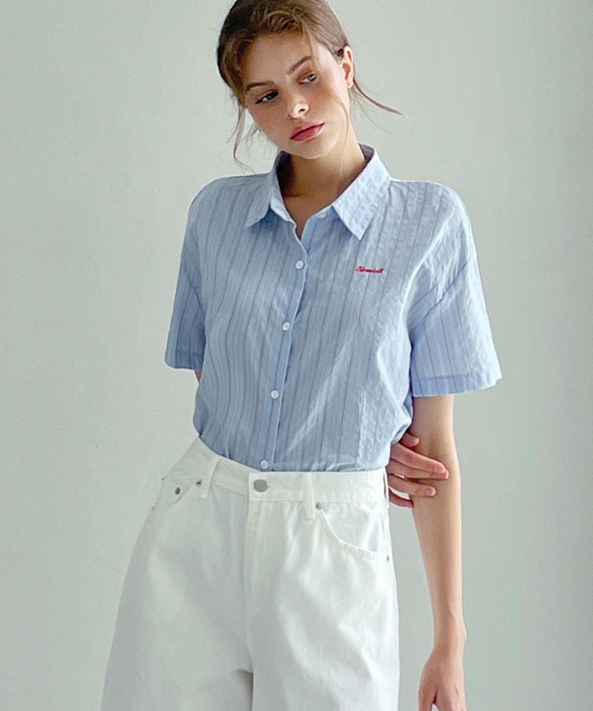 슬로우롤리(SLOWLOLLI) Natural pinstripe short-sleeve shirt_3 Colors