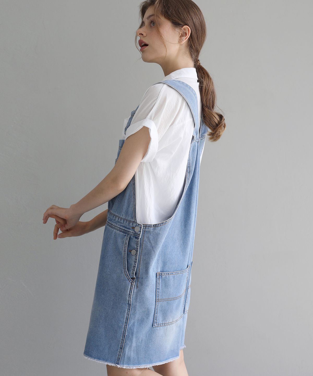 슬로우롤리(SLOWLOLLI) Cross-back denim overall - Light indigo