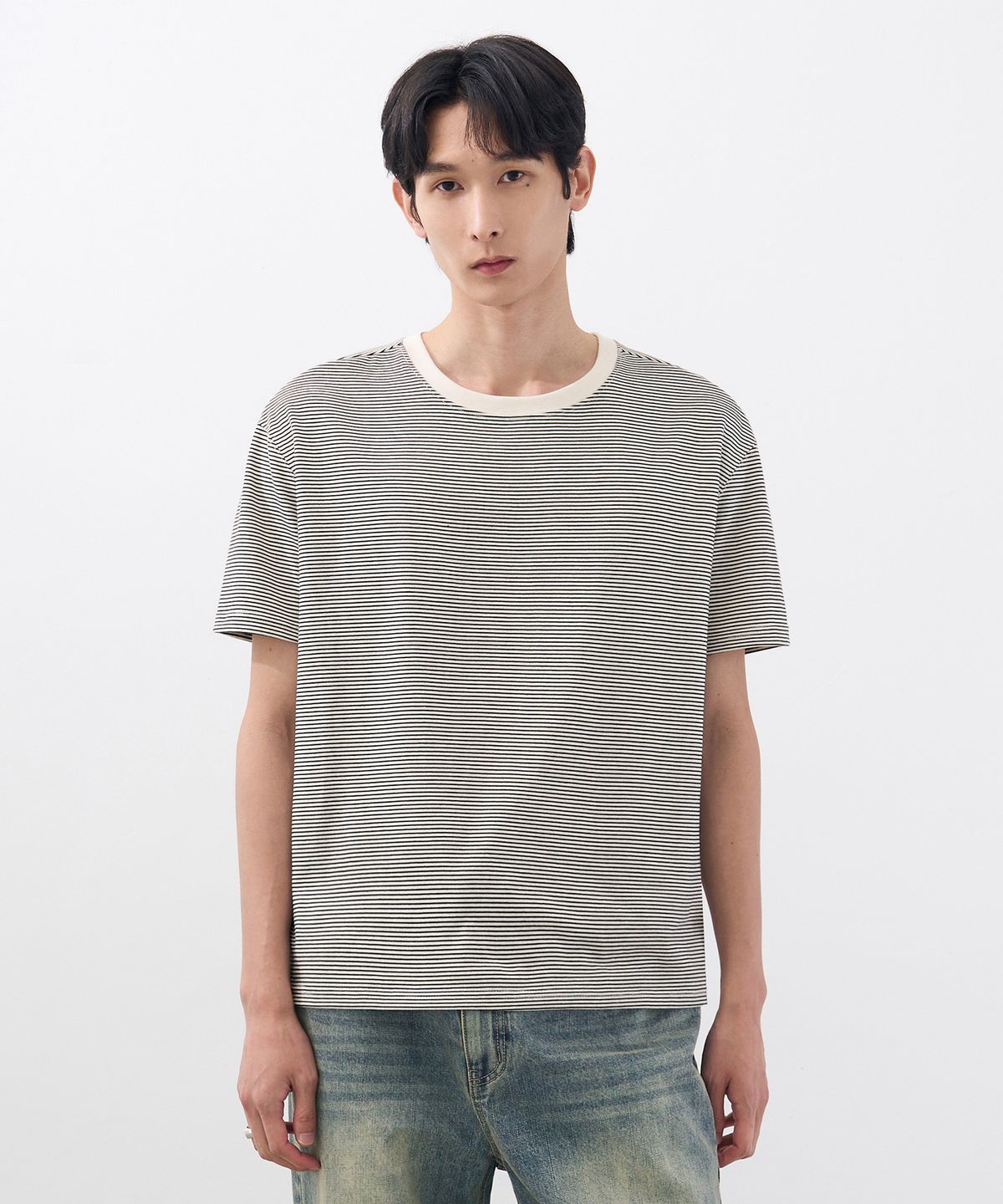드로우핏(DRAW FIT) 헤일 코튼 크롭 하프 스트라이프 티셔츠 [WHITE]