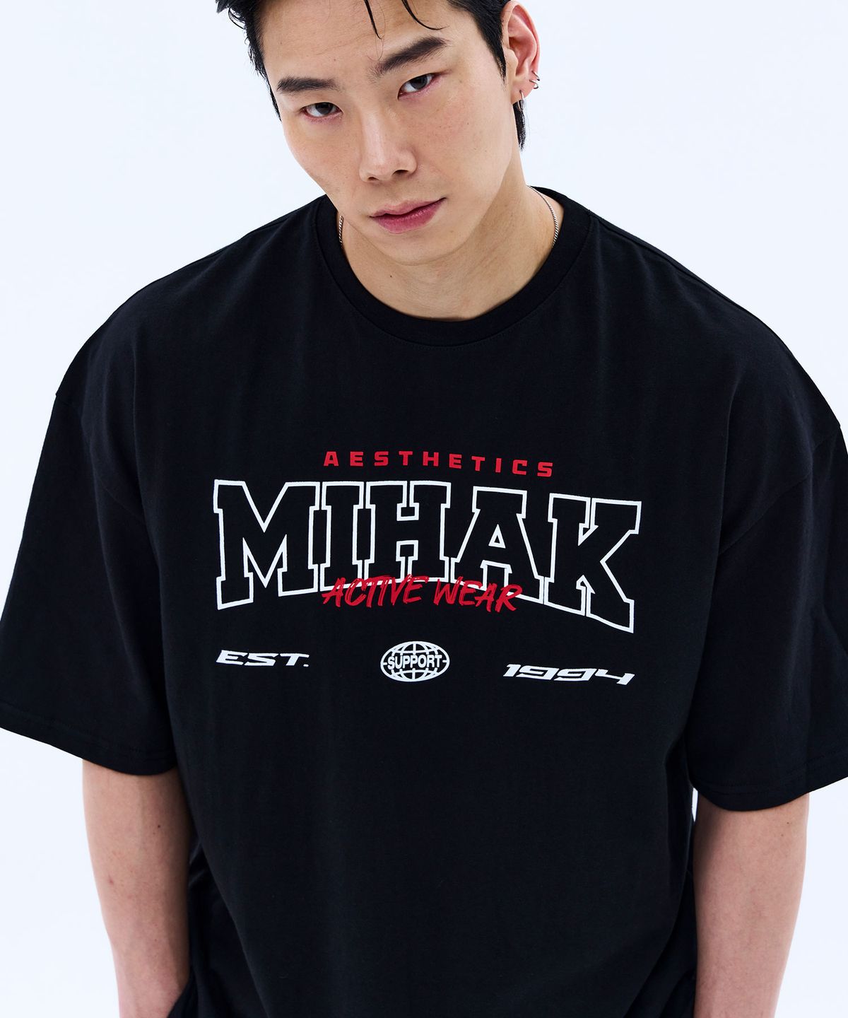미학(MIHAK) 스트록 아치 로고 오버핏 티셔츠 (BLACK)