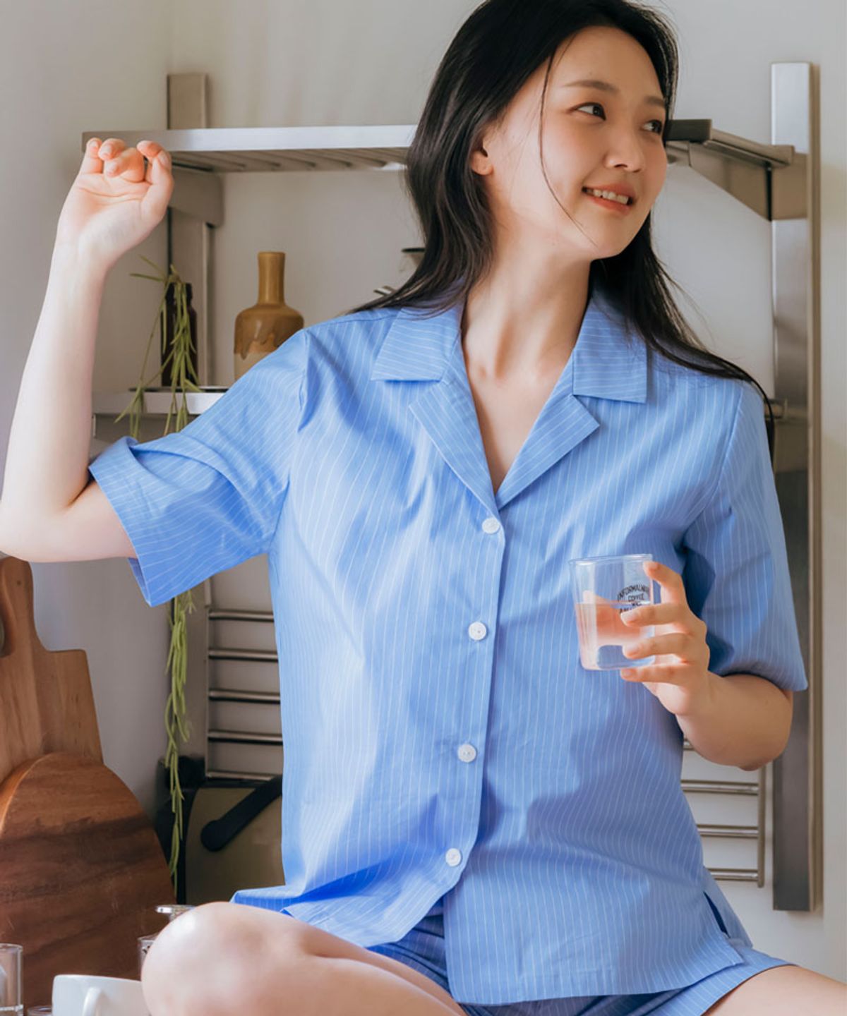 달링브라(DALINBRA) 블루 스트레치 코튼 파자마 셋업