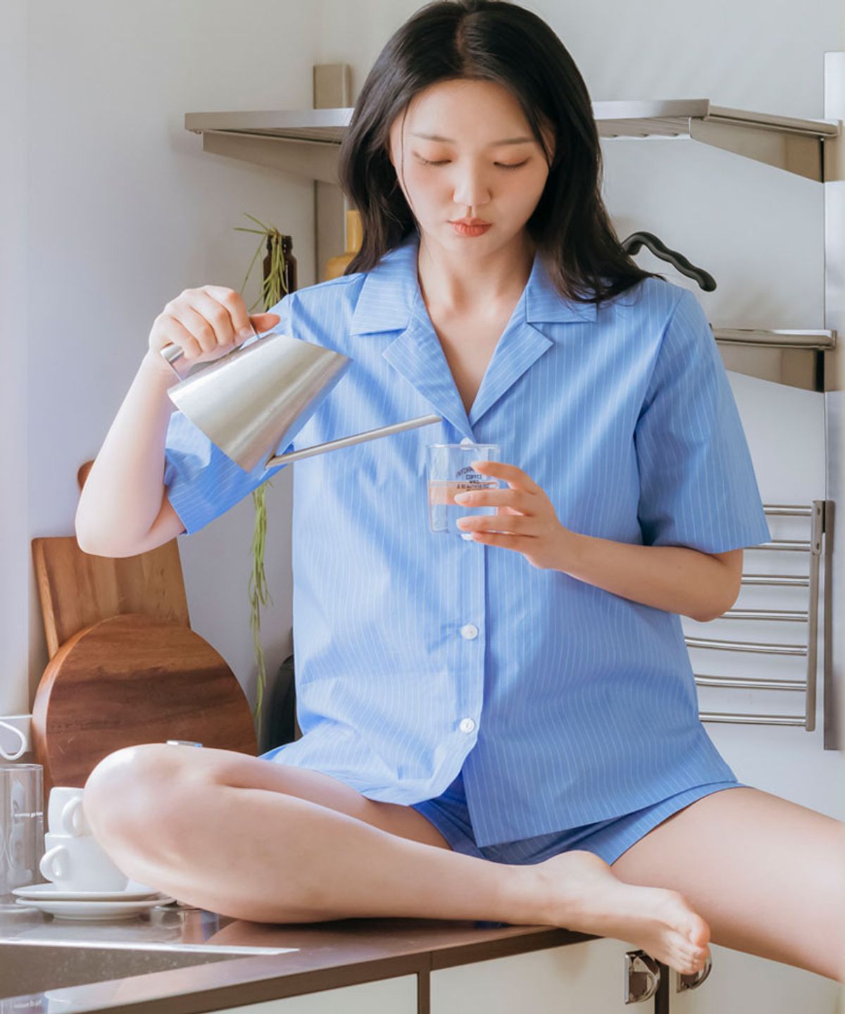 달링브라(DALINBRA) 블루 스트레치 코튼 파자마 셋업