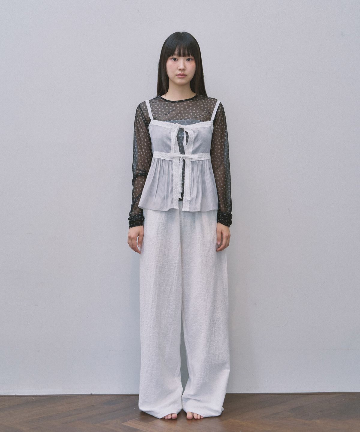 키지코(KIJIKO) ke301-Ribbon Mesh Long Sleeve Black