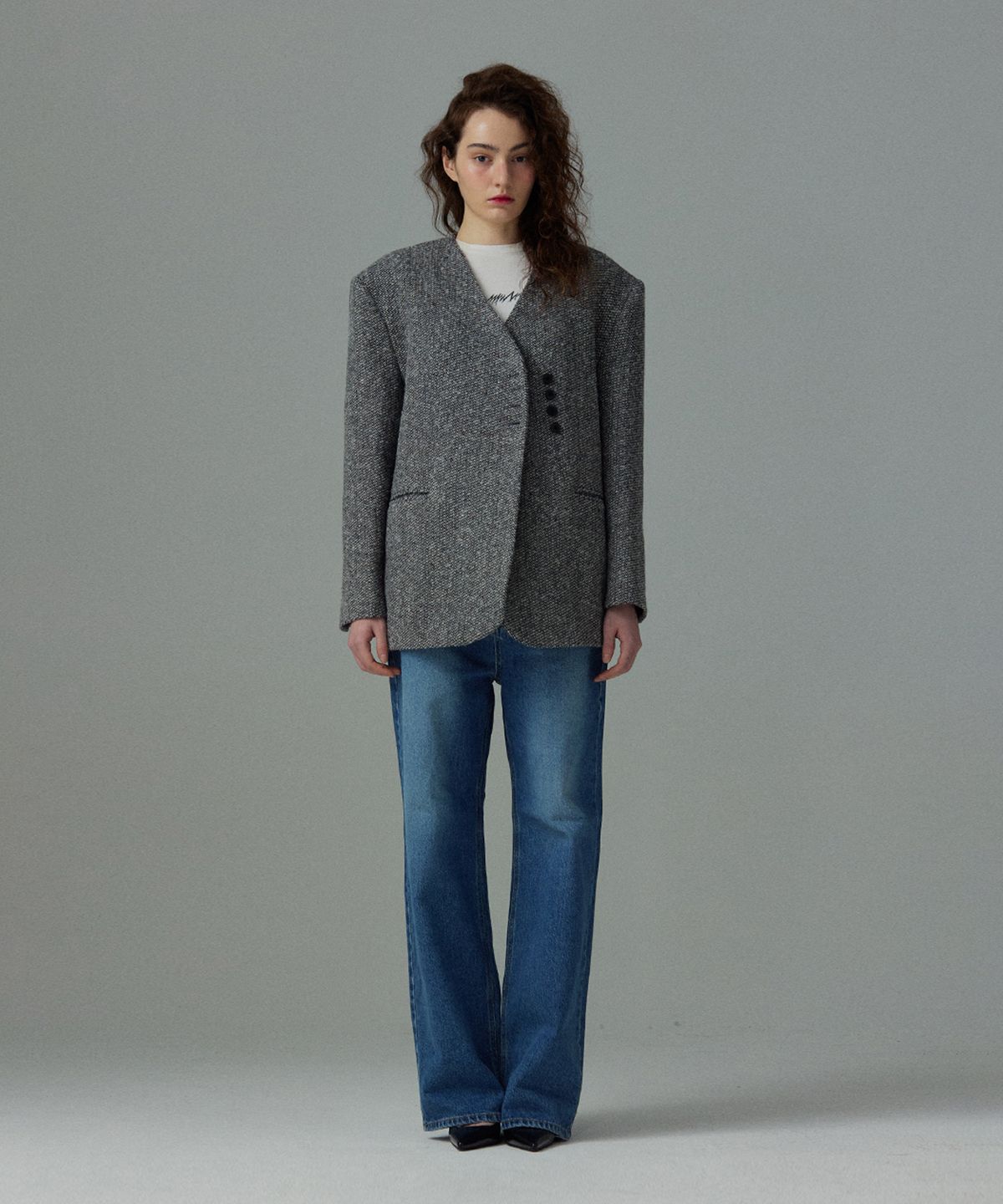 므아므(MMAM) [ESSENTIAL] Tweed collarless jacket