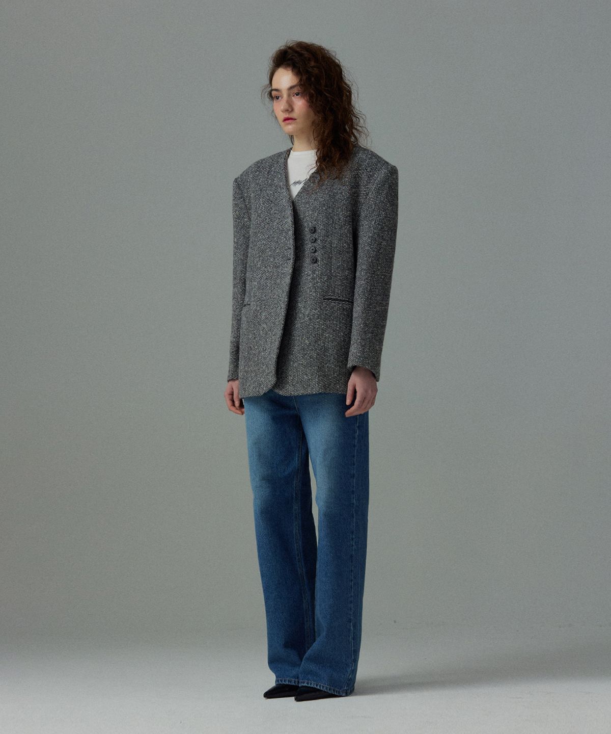 므아므(MMAM) [ESSENTIAL] Tweed collarless jacket