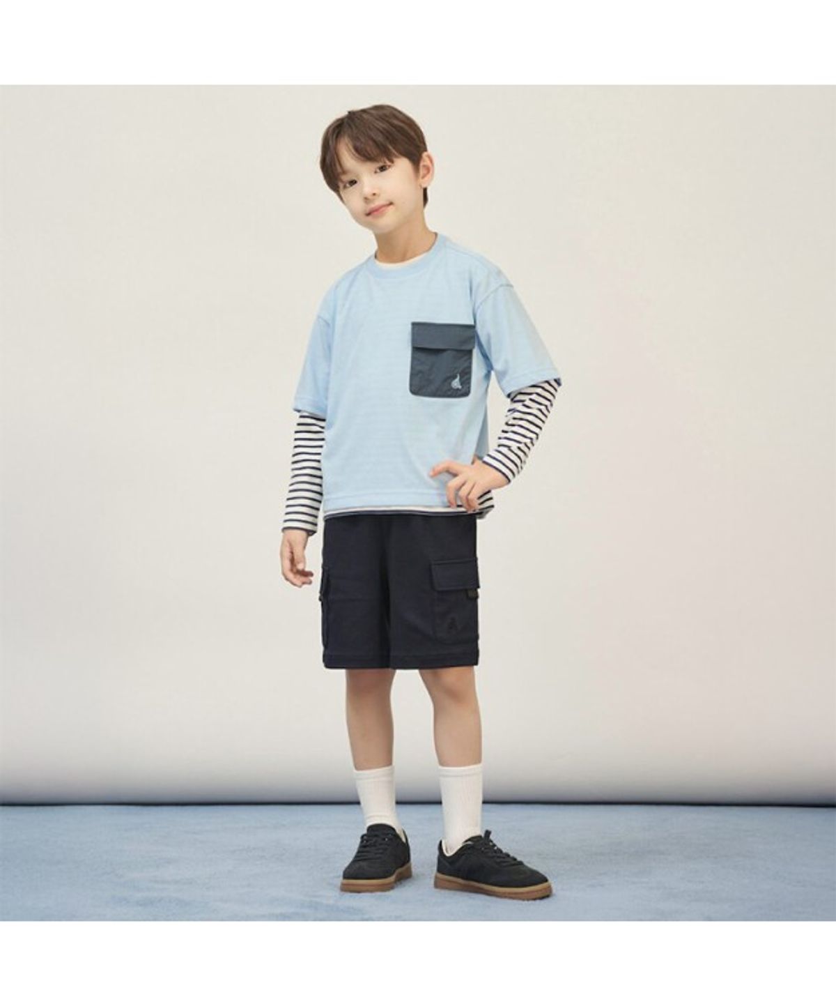빈폴 키즈(BEANPOLE KIDS) 스트라이프 레이어드 반팔 & 긴팔 2PCS 상상세트  스카이 블루 (BI5741U02Q)