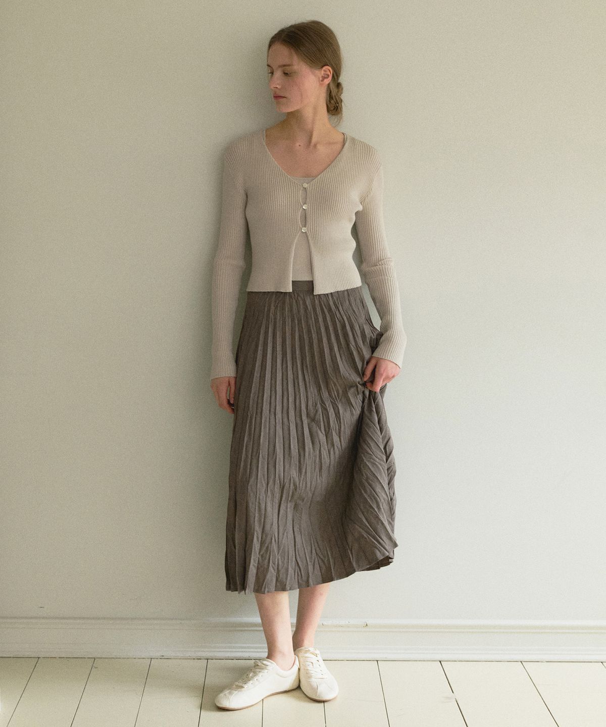 오떼뜨(OCTETTE) BIAS DOUBLE PLEATS SKIRT_BROWN