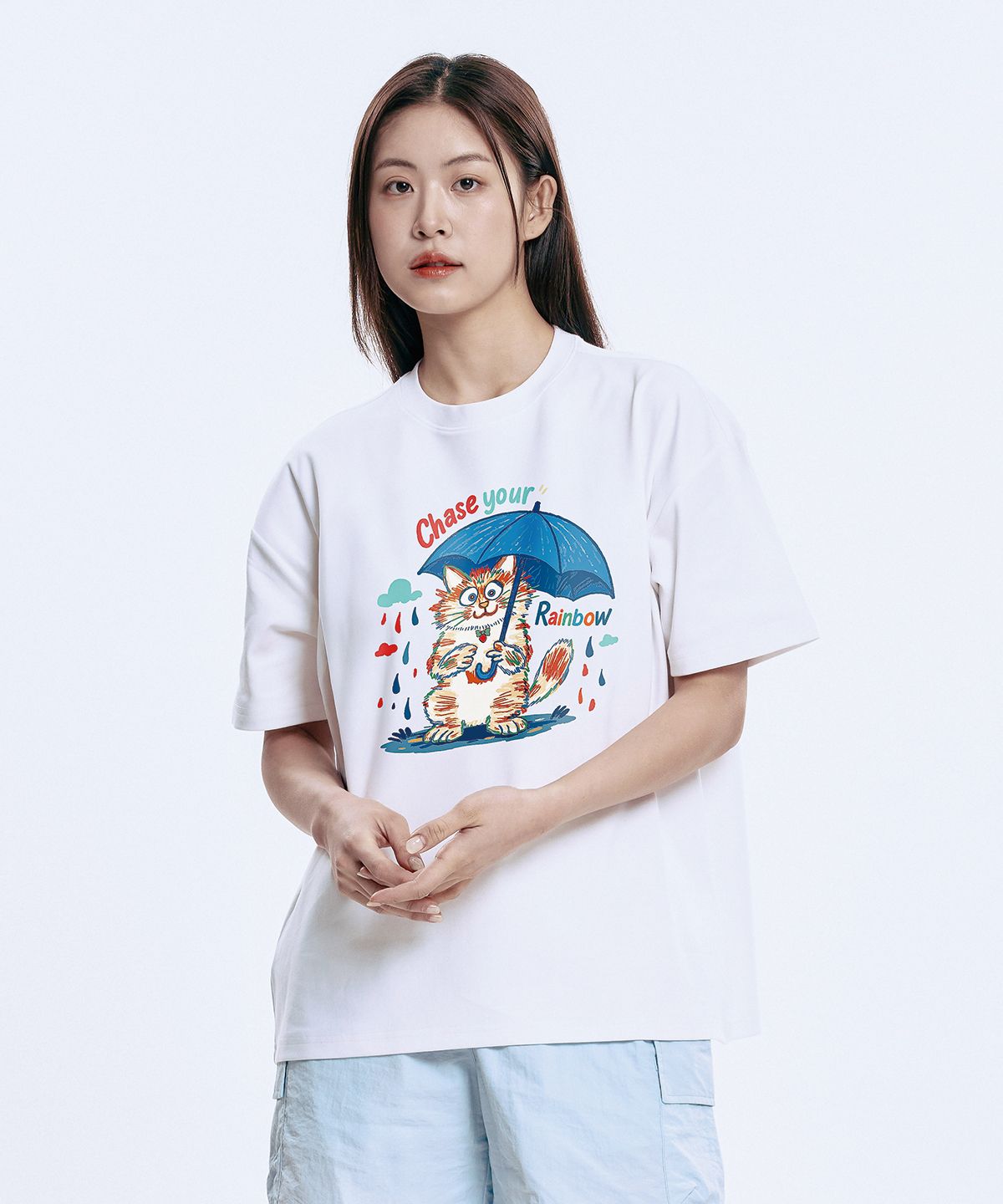 와일드락(WILDROCK) Hollysheesh Rainbow Cat 피그먼트 오버핏 반팔 티셔츠_6 COL (크롭 포함)