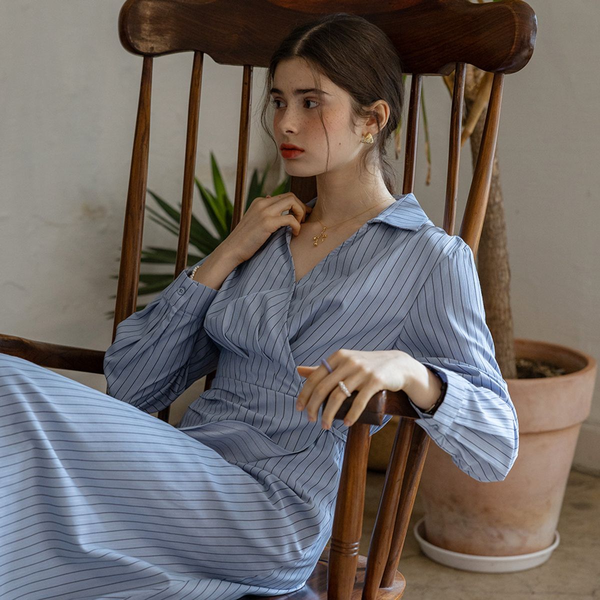 프라우드 마리(PROUD MARY) PM_V-neck stripes long sleeves dress_BLUE