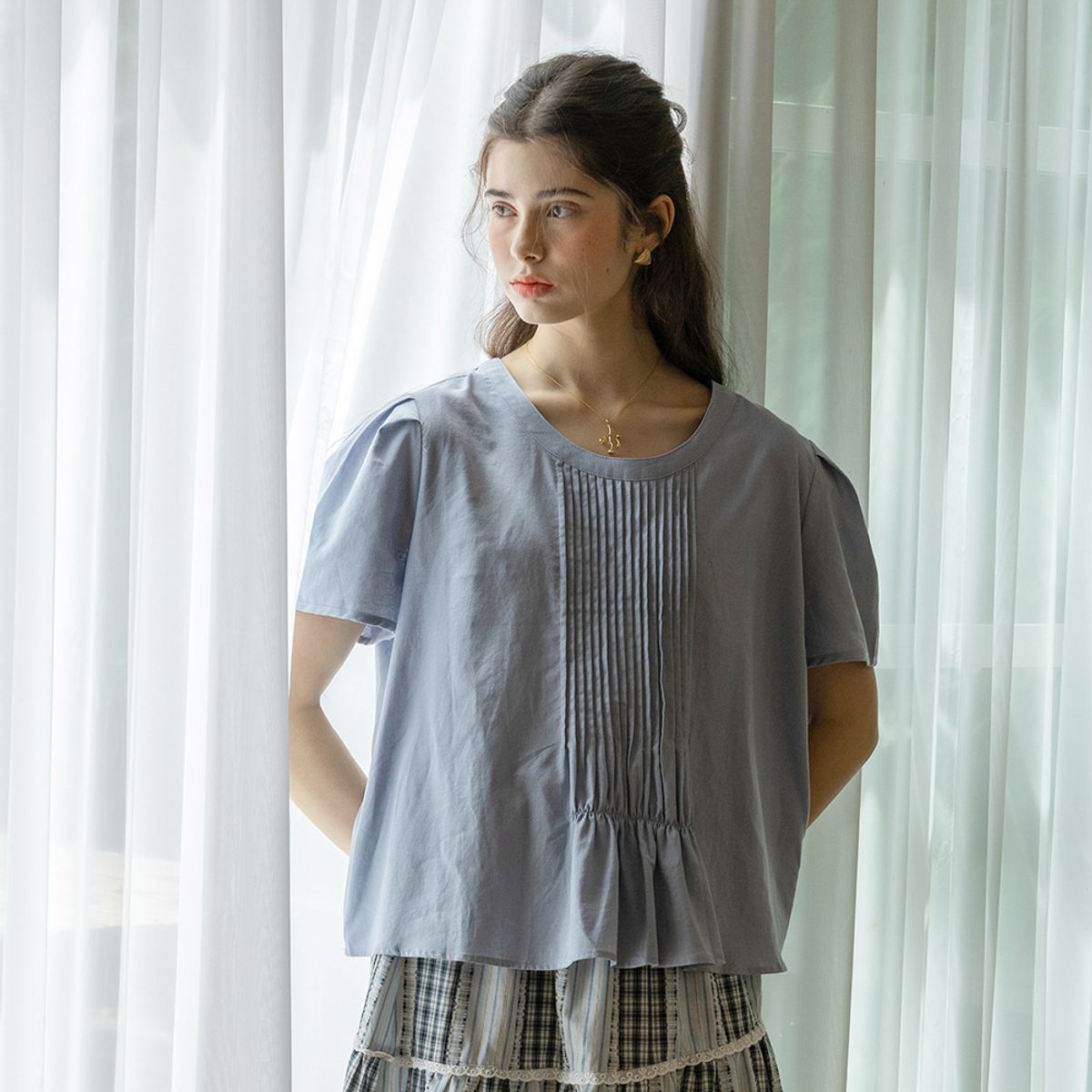 프라우드 마리(PROUD MARY) PM_Round neck pleats top_BLUE