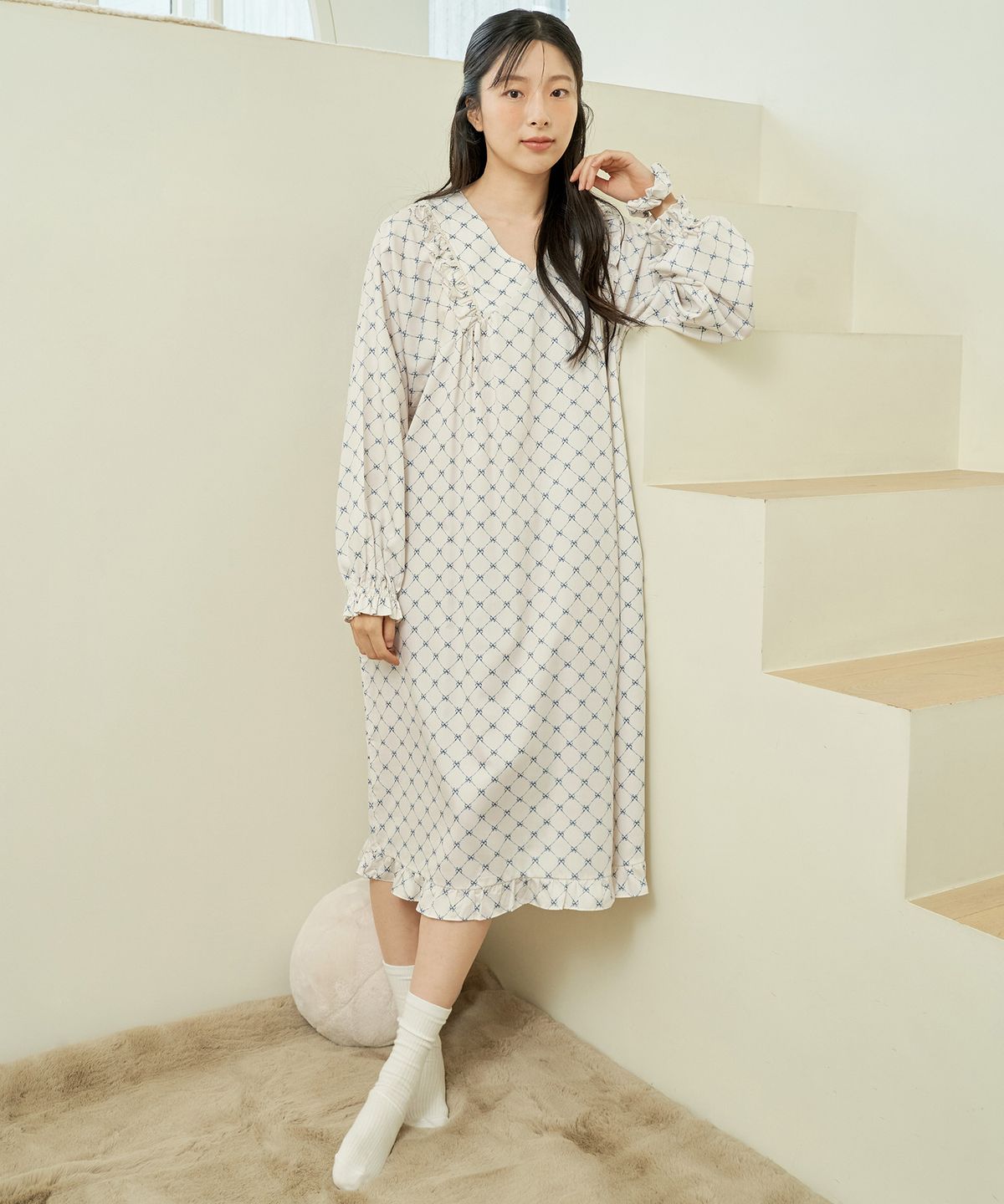 메이플라워(MAY FLOWER) 블루리본 긴팔 모달면 여성 빅사이즈 원피스 잠옷