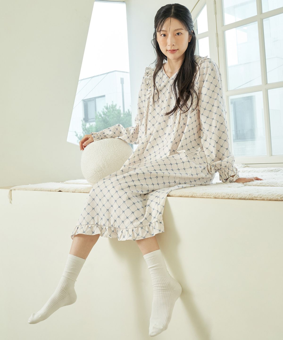 메이플라워(MAY FLOWER) 블루리본 긴팔 모달면 여성 빅사이즈 원피스 잠옷