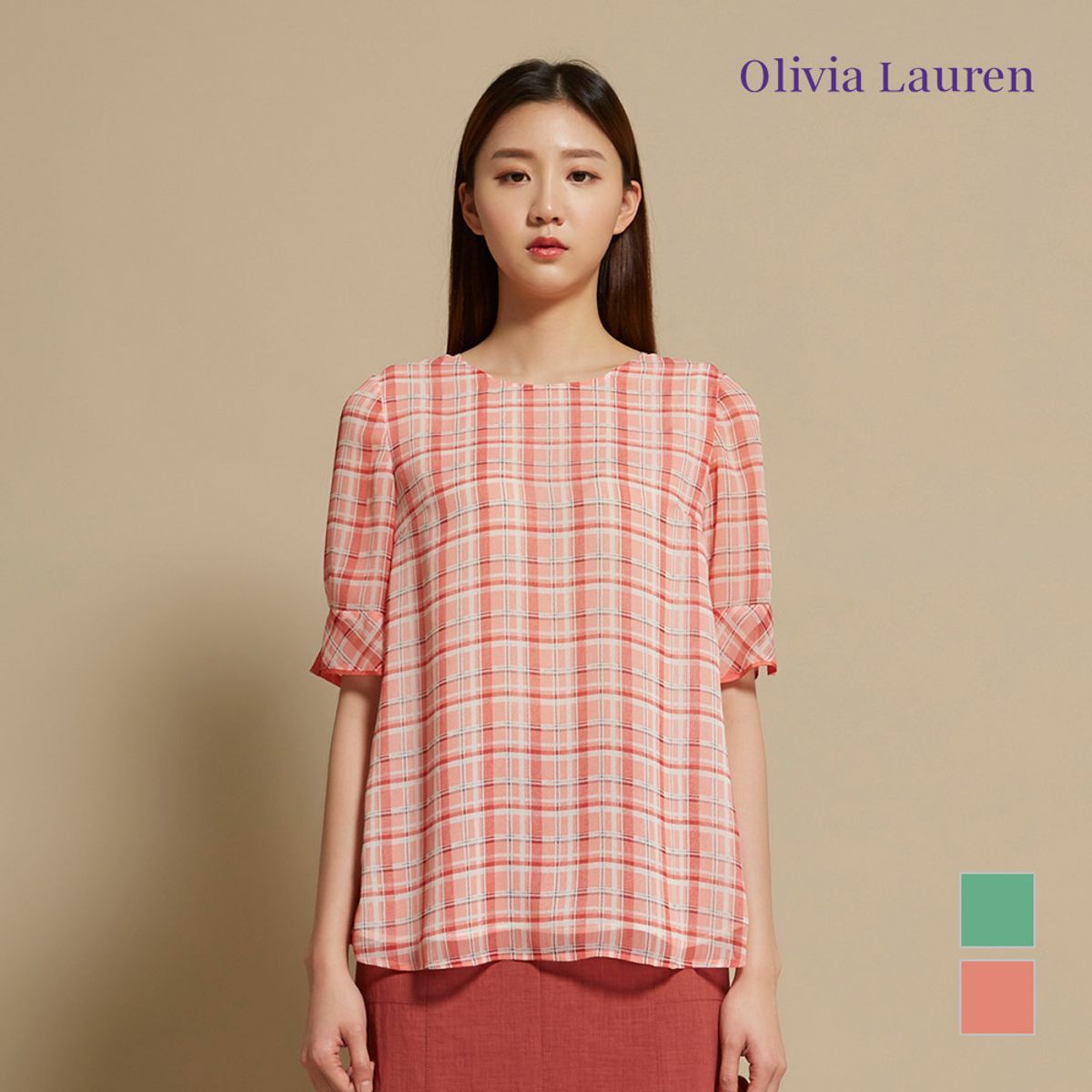 올리비아로렌(OLIVIALAUREN) 라운드 체크 블라우스_VOCNSWM4331