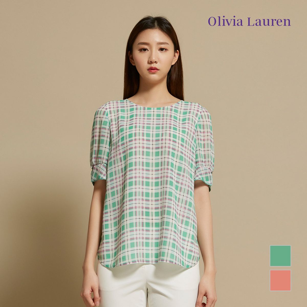 올리비아로렌(OLIVIALAUREN) 라운드 체크 블라우스_VOCNSWM4331