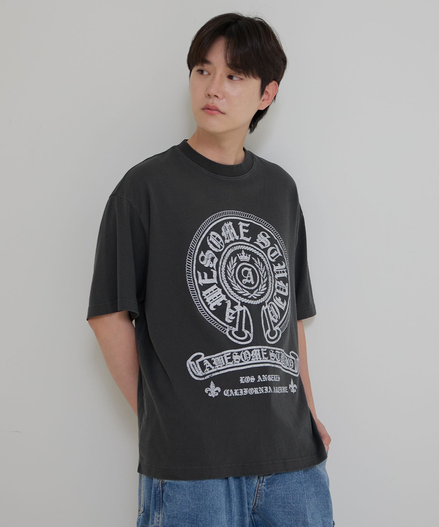 ★人気★【WOOALONG】★Pigment lettering graphic T-Shirt.s★ mens_groove_on_vintage_black_t