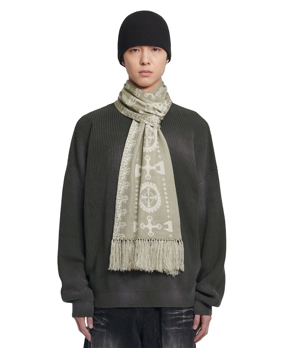 노매뉴얼(NOMANUAL) GEAR PATTERN JACQUARD MUFFLER - KHAKI