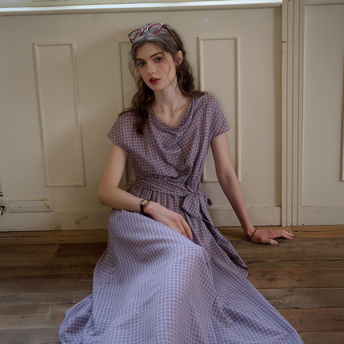 심플레트로(SIMPLE RETRO) SR_Check swing neck tencel dress