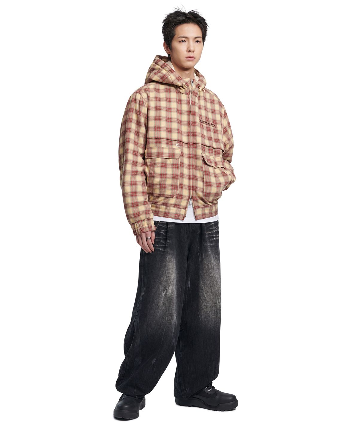 노매뉴얼(NOMANUAL) CHECK HOODED JACKET - BURGUNDY