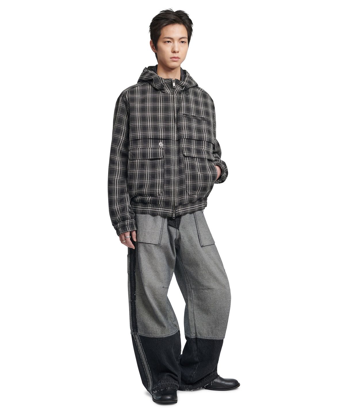 노매뉴얼(NOMANUAL) CHECK HOODED JACKET - BLACK