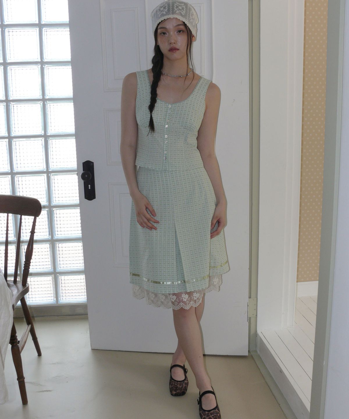 루루서울(LOULOUSEOUL) Olive Check Skirt (Green)