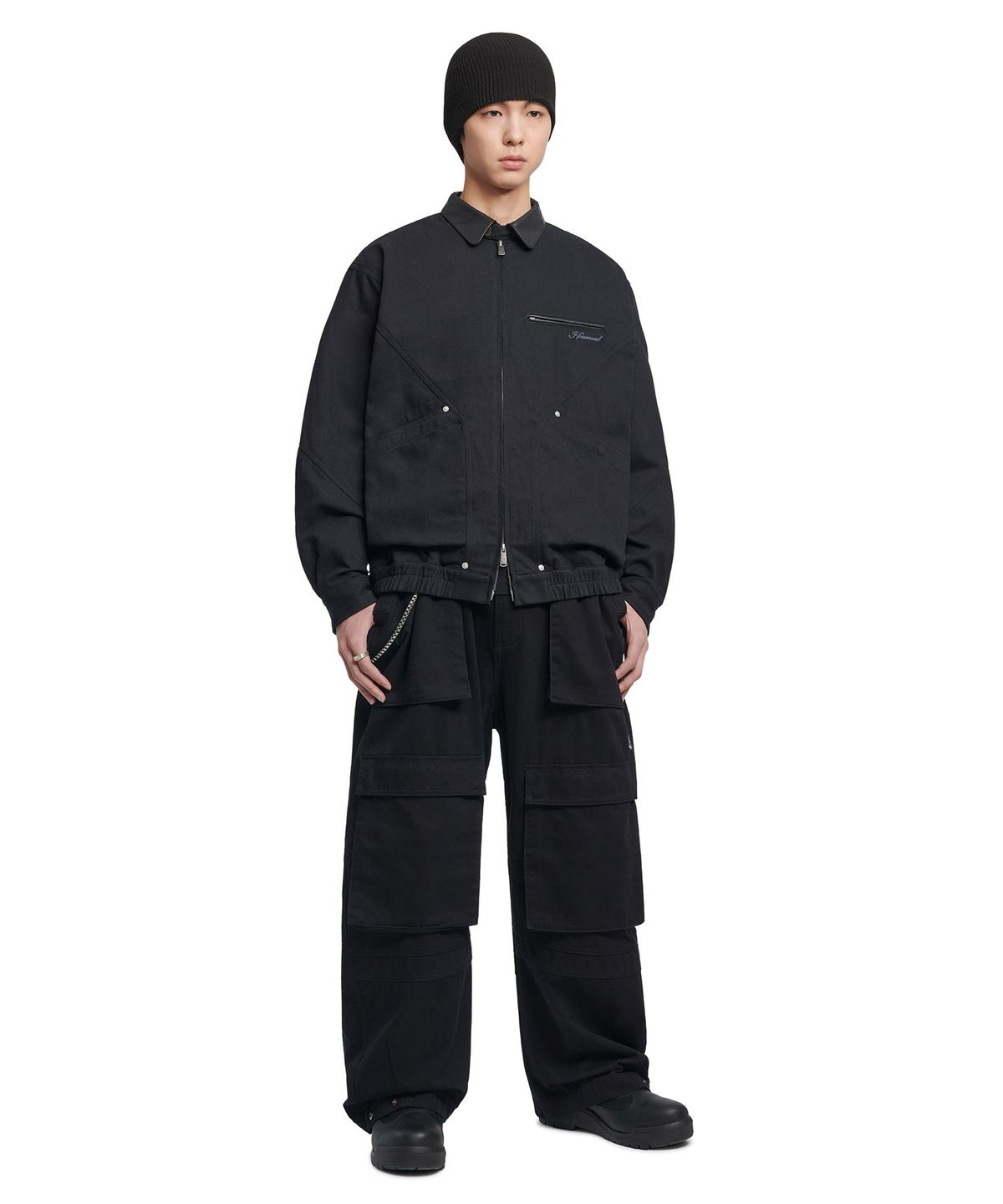 노매뉴얼(NOMANUAL) VINTAGE LEATHER COLLAR WORK JACKET - WASHED BLACK